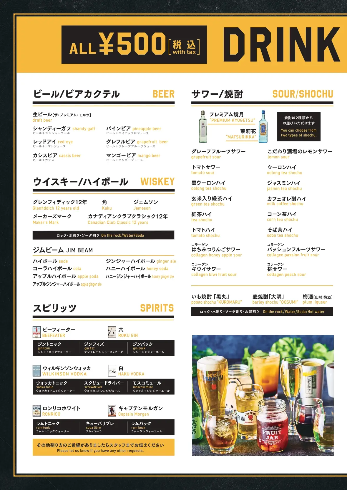 パセラリゾーツのダーツバーのドリンクメニュー